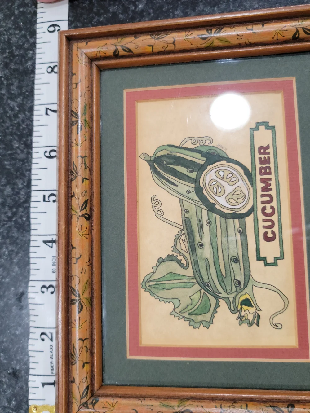 Vintage Cucumber Vegetable Print Framed Matted Paper Landscape Small 6 x 8 in